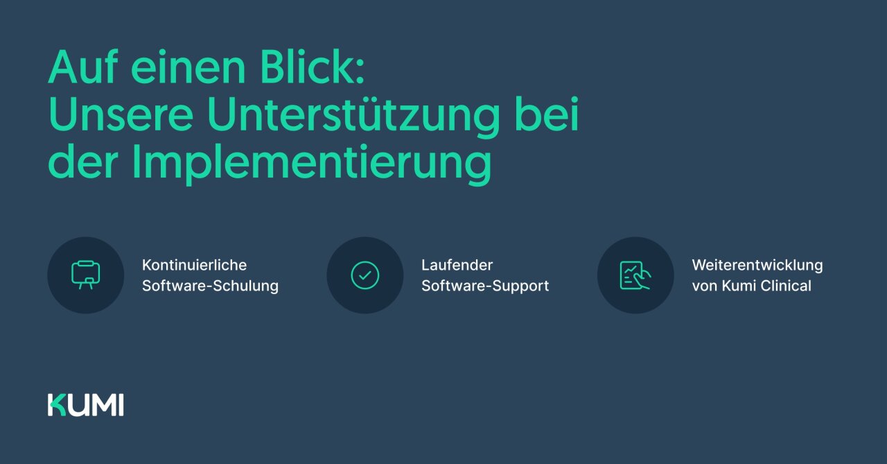 So unterstützen wir bei der Implementierung: Kontinuierliche Software-Schulung, laufender Software-Support, Weiterentwicklung von Kumi Clinical.