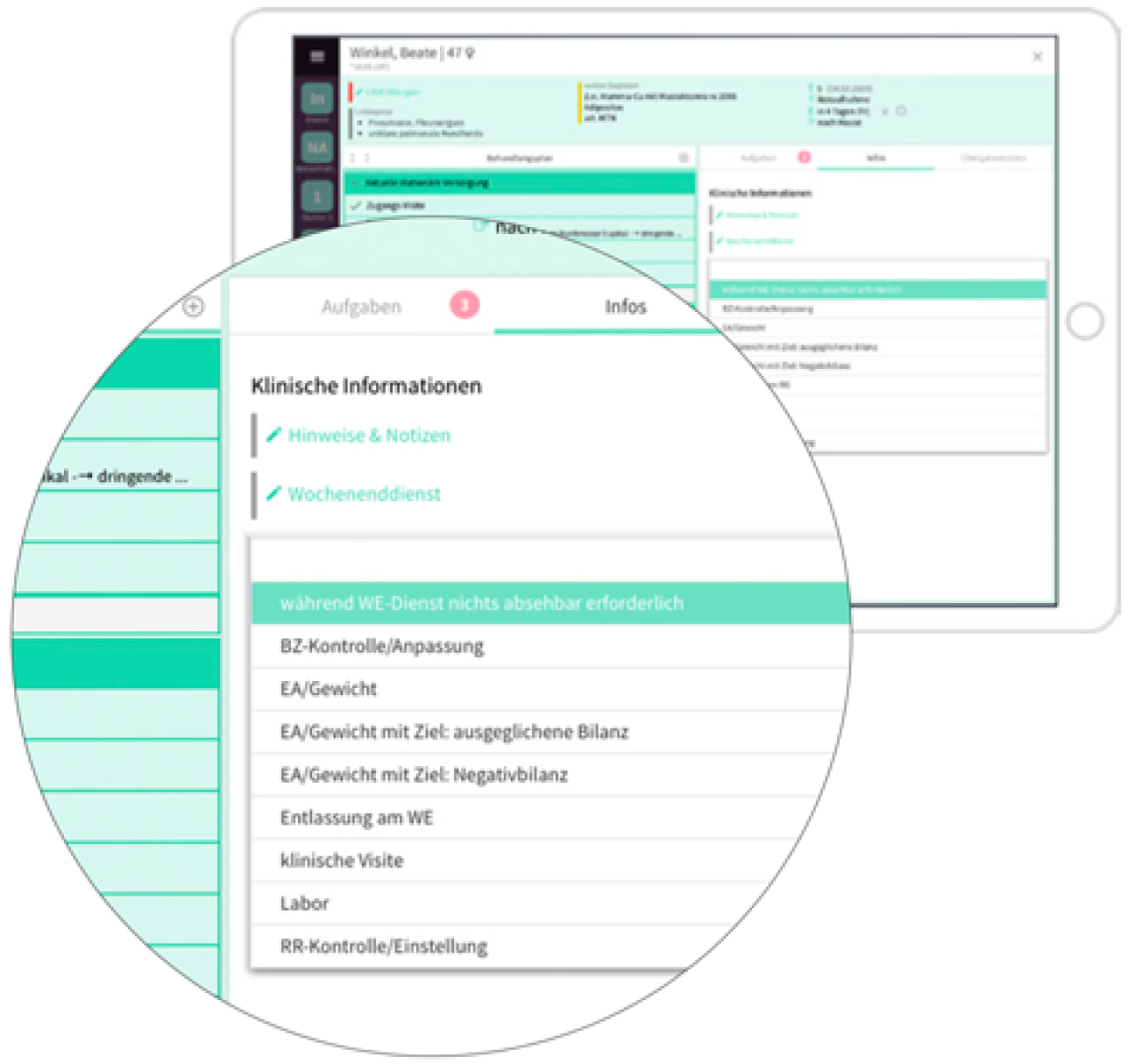 Planung und Kommunikation von Wochendienst-Tätigkeiten in Kumi Clinical.