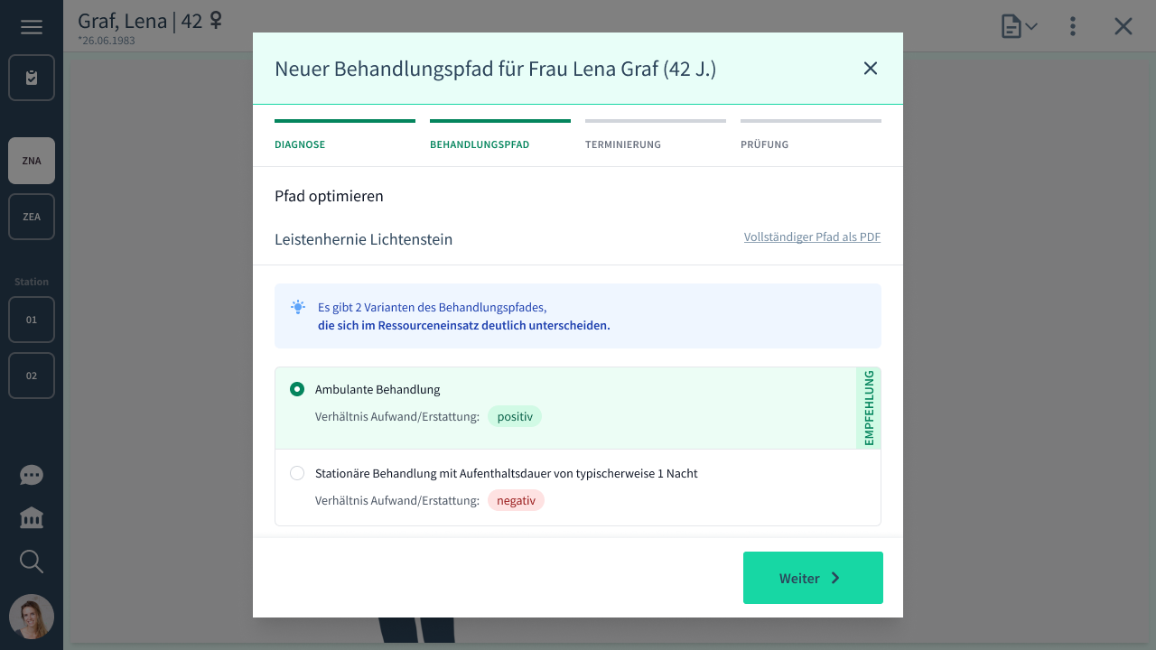 Behandlungsplanung in Kumi Clinical: Entscheidungsunterstützung für ambulante oder stationäre Behandlung.